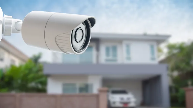 Câmera de segurança instalada com a fachada de uma casa ao fundo